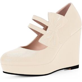 Women's Bow Closed Toe Hook Loop Platform High Heel Wedges Sandals Comfortable Mary Janes Pumps