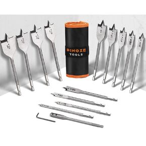 14-Piece Spade Drill Bit Sets with 6“ Extension, Paddle Flat Bit for Hole Cutter Woodworking, 1/4" to 1-1/2", Quick Change 1/4 inch Hex Shank, Nylon Storage Pouch Included