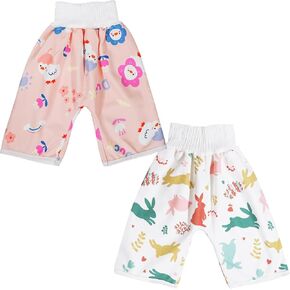 2 Packs Waterproof Diaper Pants for Baby Kids, Absorbent Toddler Potty Training Soft & Comfortable Pants Boys and Girls Use in Day Night Time(Rabbit & Chick)