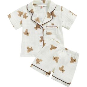 Qiylii Toddler Baby Girl Cotton Linen Button-up Pajamas Bear Print Long Sleeve Kid Sleepwear PJs Set
