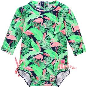 RuffleButts® Girls UPF 50+ Sun Protection Long Sleeve One Piece Swimsuit with Zipper