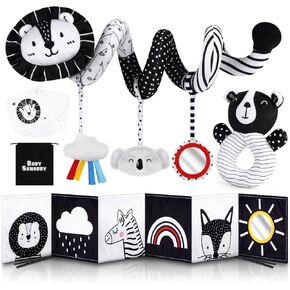 Joyreal High Contrast Baby Toys for Newborn, Black and White Baby Sensory Toys with Car Seat Toys,Infant Toys with Black White Cards Book, Montessori Toys for Baby Gifts