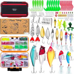 Fishing Lure Kit,Tackle Box with Tackle Included Accessories Fishing Starter Kit for Adults, Includes Spoon Crankbait Plastic Shrimp Worm Hook for Bass Trout Fishing Gifts for Men Black