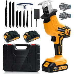Cordless Reciprocating Saw, 2.0Ah Battery x2, Cordless Variable Speed, Blades Kit for Wood/Metal/PVC Cutting Yellow