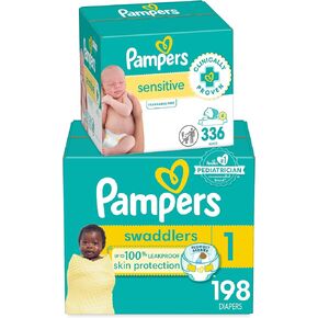 Pampers Swaddlers Disposable Baby Diapers Size 1, One Month Supply (198 Count) with Sensitive Water Based Baby Wipes 6X Pop-Top Packs (336 Count)
