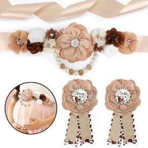 Vansolinne Floral Highland Cow Maternity Sash and Corsage Pin Set Flowers Baby Shower Photo Props Girl Gender Reveal Pink Scottish Cattle New Mom Dad Belly Sash Decorations Pregnancy Gift Idea