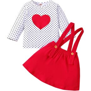 Toddler Baby Girl Infant Plain Heart-shaped T Shirts Overall Red Skirts Set Cotton Valentine's Day outfit