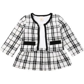 2Pcs Infant Baby Girl Plaid Cardigan + Long Sleeve Shirt Dress Patchwork A-line Skirt Sets