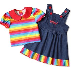 Toddler Girl Outfits Ruffle Puff Sleeve Rainbow Stripe Shirt Suspender Skirts Dress 2PCS Outfit Set 12Months-4Years
