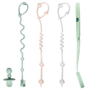 Toy Straps for Baby, 5 Pack Spoon Toy Bottle Bungees with Toddler Utensil, Silicone Pacifier Clips Harness Straps for High Chair, Strollers, Shopping Trolley,Cars,Hanging Baskets,Cribs,Bags-Green
