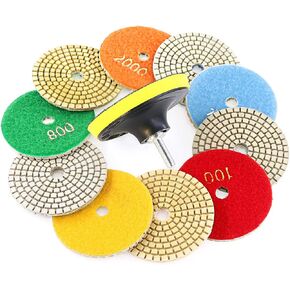 Swpeet 11Pcs Diamond Polishing Pads Kit, 10Pcs 4 Inch Wet/Dry Polishing Kit Polishing pads Kit with 1Pcs 4 Inch Yellow Backer Pad for Granite Marble Stone Glass Quartz Polishing