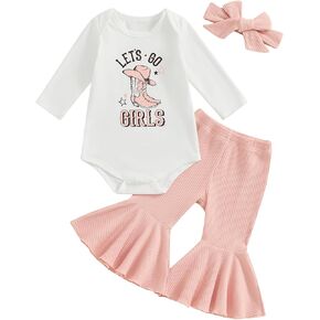 Baby Girl Cowgirl Outfit Let's Go Girls Rodeo Long Sleeve Romper Ribbed Bell Bottom Pants with Headband Western Set in Kuwait