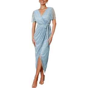 Simplee Women's V Neck Wrap Short Sleeve Cocktail Dress Sparkly Glitter Sexy High Low Midi Bodycon Dress