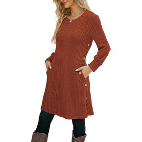 Long Sleeve Tunic Dress for Women Crew Neck Casual Dresses with Pockets Button Side Fall Winter Outfits S-2XL in Kuwait