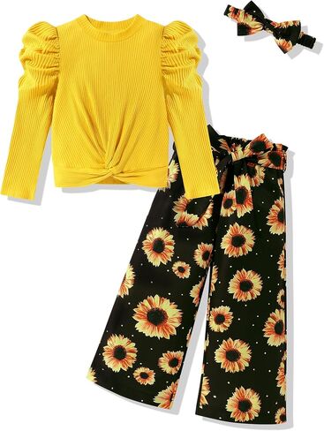 Girls Clothes Round Neck Puff Sleeves Twist Tops Flower Printed Straight Leg Pants Girls Clothing Sets 4-11 Years in Saudi Arabia
