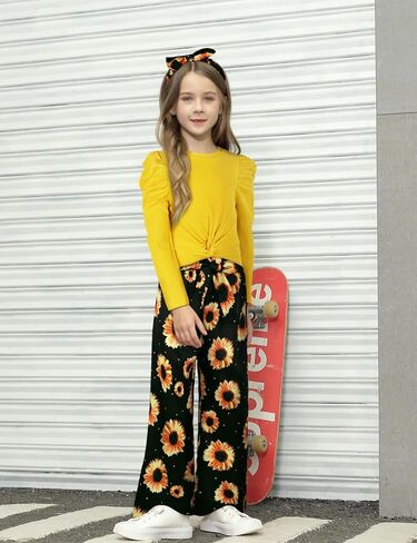 Girls Clothes Round Neck Puff Sleeves Twist Tops Flower Printed Straight Leg Pants Girls Clothing Sets 4-11 Years in Saudi Arabia