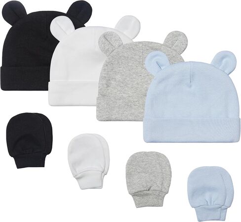 Baby Girl Boy Cotton Cute Beanie Hat 0~6Months Double Layer Fabric 8PCS Infant Bear Ears Cap Anti-Scratch Gloves in Saudi Arabia
