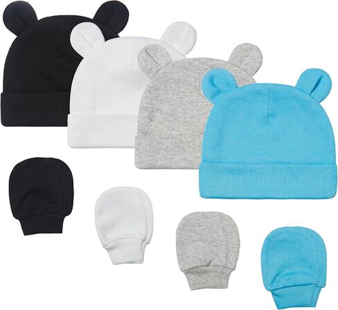Baby Girl Boy Cotton Cute Beanie Hat 0~6Months Double Layer Fabric 8PCS Infant Bear Ears Cap Anti-Scratch Gloves in Saudi Arabia