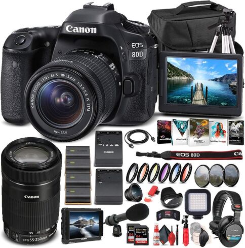 Canon EOS 80D DSLR Camera with 18-55mm Lens (1263C005) + EF-S 55-250mm Lens + 4K Monitor + Pro Headphones + Pro Mic + 2 x 64GB Memory Card + Case + Corel Photo Software + Pro Tripod + More (Renewed) in Saudi Arabia