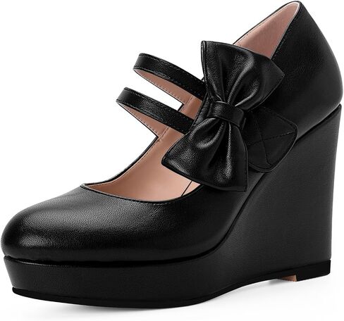 Women's Bow Closed Toe Hook Loop Platform High Heel Wedges Sandals Comfortable Mary Janes Pumps in Saudi Arabia