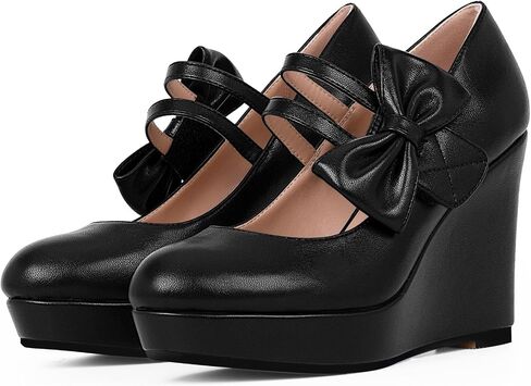 Women's Bow Closed Toe Hook Loop Platform High Heel Wedges Sandals Comfortable Mary Janes Pumps in Saudi Arabia