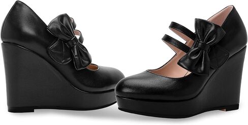 Women's Bow Closed Toe Hook Loop Platform High Heel Wedges Sandals Comfortable Mary Janes Pumps in Saudi Arabia
