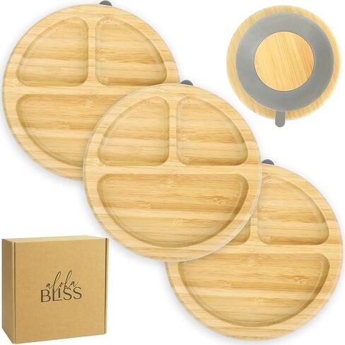 Bamboo Baby Plates Set - Suction Plates for Baby with Bowl, Bib, Fork, and Spoon - Toddler Plates with Suction - 3 Sectioned bamboo Toddler Plates for Easy Self-Feeding and Mess-Free Meals in Saudi Arabia