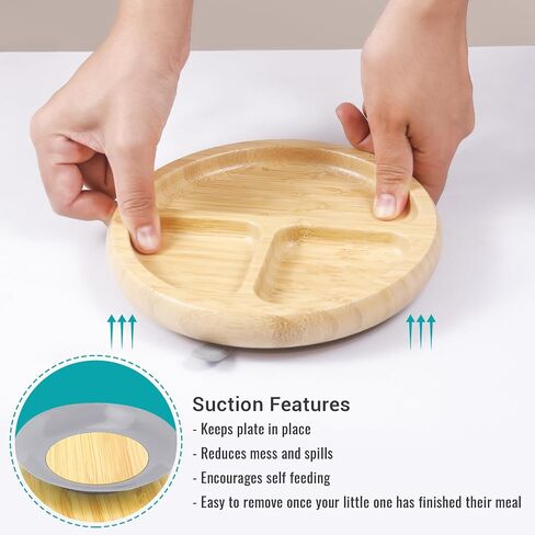 Bamboo Baby Plates Set - Suction Plates for Baby with Bowl, Bib, Fork, and Spoon - Toddler Plates with Suction - 3 Sectioned bamboo Toddler Plates for Easy Self-Feeding and Mess-Free Meals in Saudi Arabia