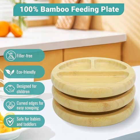Bamboo Baby Plates Set - Suction Plates for Baby with Bowl, Bib, Fork, and Spoon - Toddler Plates with Suction - 3 Sectioned bamboo Toddler Plates for Easy Self-Feeding and Mess-Free Meals in Saudi Arabia