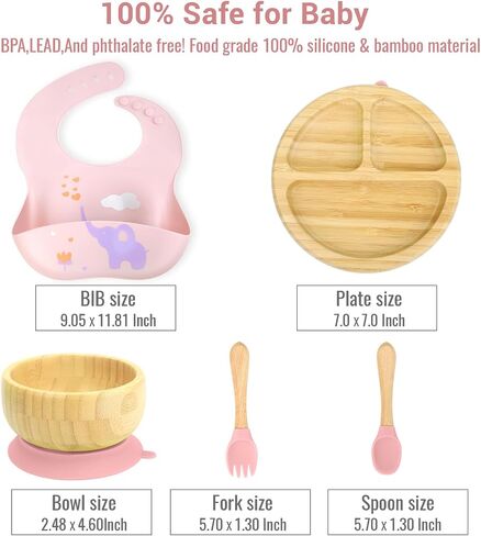Bamboo Baby Plates Set - Suction Plates for Baby with Bowl, Bib, Fork, and Spoon - Toddler Plates with Suction - 3 Sectioned bamboo Toddler Plates for Easy Self-Feeding and Mess-Free Meals in Saudi Arabia