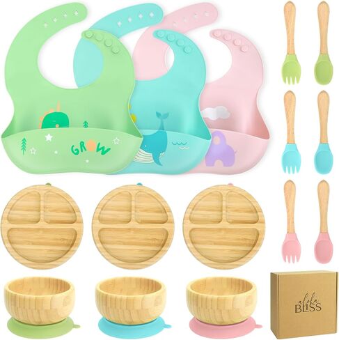 Bamboo Baby Plates Set - Suction Plates for Baby with Bowl, Bib, Fork, and Spoon - Toddler Plates with Suction - 3 Sectioned bamboo Toddler Plates for Easy Self-Feeding and Mess-Free Meals in Saudi Arabia