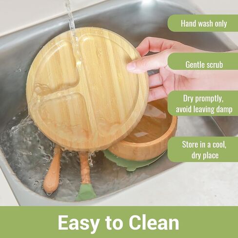 Bamboo Baby Plates Set - Suction Plates for Baby with Bowl, Bib, Fork, and Spoon - Toddler Plates with Suction - 3 Sectioned bamboo Toddler Plates for Easy Self-Feeding and Mess-Free Meals in Saudi Arabia