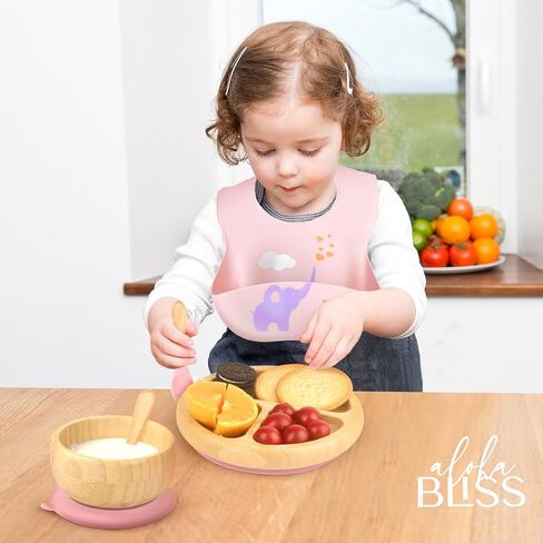 Bamboo Baby Plates Set - Suction Plates for Baby with Bowl, Bib, Fork, and Spoon - Toddler Plates with Suction - 3 Sectioned bamboo Toddler Plates for Easy Self-Feeding and Mess-Free Meals in Saudi Arabia
