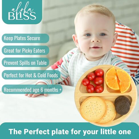 Bamboo Baby Plates Set - Suction Plates for Baby with Bowl, Bib, Fork, and Spoon - Toddler Plates with Suction - 3 Sectioned bamboo Toddler Plates for Easy Self-Feeding and Mess-Free Meals in Saudi Arabia