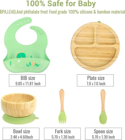 Bamboo Baby Plates Set - Suction Plates for Baby with Bowl, Bib, Fork, and Spoon - Toddler Plates with Suction - 3 Sectioned bamboo Toddler Plates for Easy Self-Feeding and Mess-Free Meals in Saudi Arabia