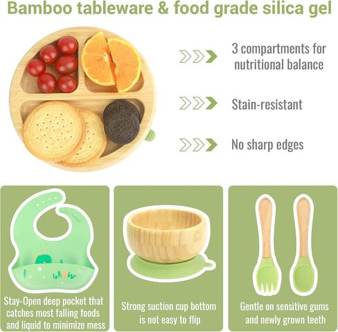 Bamboo Baby Plates Set - Suction Plates for Baby with Bowl, Bib, Fork, and Spoon - Toddler Plates with Suction - 3 Sectioned bamboo Toddler Plates for Easy Self-Feeding and Mess-Free Meals in Saudi Arabia