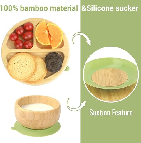 Bamboo Baby Plates Set - Suction Plates for Baby with Bowl, Bib, Fork, and Spoon - Toddler Plates with Suction - 3 Sectioned bamboo Toddler Plates for Easy Self-Feeding and Mess-Free Meals in Saudi Arabia