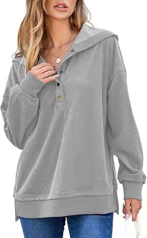 EVALESS Womens Oversized Sweatshirts Hoodies Casual Button Up V Neck Long Sleeve Shirts Pullover Loose Fall Clothes Outfits in Saudi Arabia