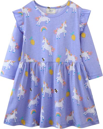 DDSOL Toddler Girls Long Sleeve Dress Crewneck Ruffle Sleeve Kids Unicorn Heart Cotton Casual Pleated Twirly Dress in Saudi Arabia