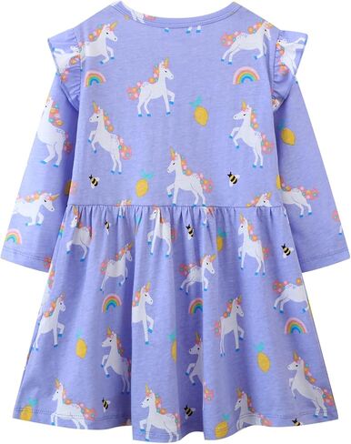 DDSOL Toddler Girls Long Sleeve Dress Crewneck Ruffle Sleeve Kids Unicorn Heart Cotton Casual Pleated Twirly Dress in Saudi Arabia