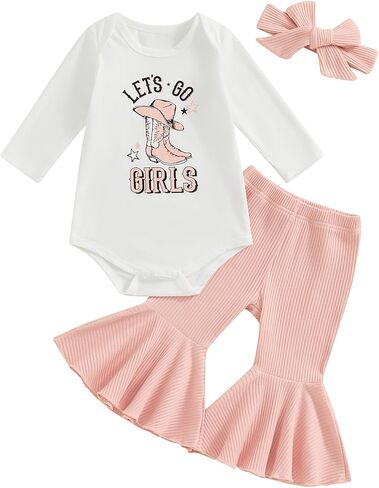 Baby Girl Cowgirl Outfit Let's Go Girls Rodeo Long Sleeve Romper Ribbed Bell Bottom Pants with Headband Western Set in Kuwait