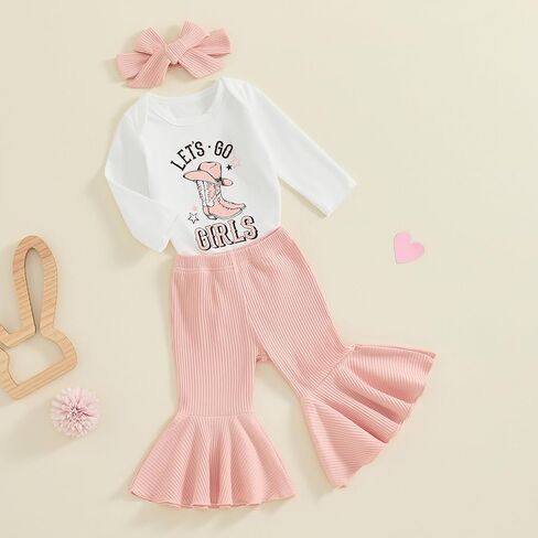 Baby Girl Cowgirl Outfit Let's Go Girls Rodeo Long Sleeve Romper Ribbed Bell Bottom Pants with Headband Western Set in Kuwait