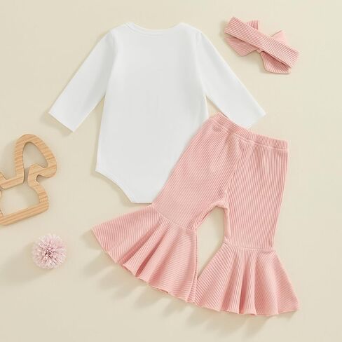 Baby Girl Cowgirl Outfit Let's Go Girls Rodeo Long Sleeve Romper Ribbed Bell Bottom Pants with Headband Western Set in Kuwait
