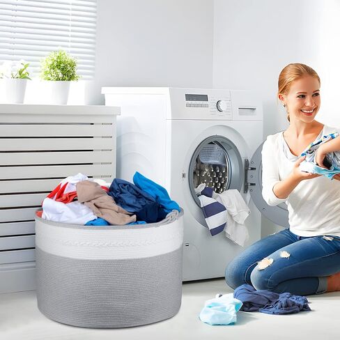 سلة حبل قطنية كبيرة جدًا XXXXL، سلة تخزين بطانية AivaToba مقاس 22 بوصة × 22 بوصة × 16 بوصة، سلة تخزين الألعاب، سلة تخزين متينة مزخرفة بمقابض في غرفة المعيشة in Kuwait