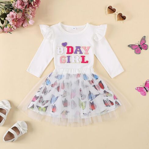 طفلة عيد ميلاد الزي الصيف رسالة التطريز تي شيرت فراشة تول توتو تنورة 2 قطعة مجموعات الملابس لطيف in Kuwait