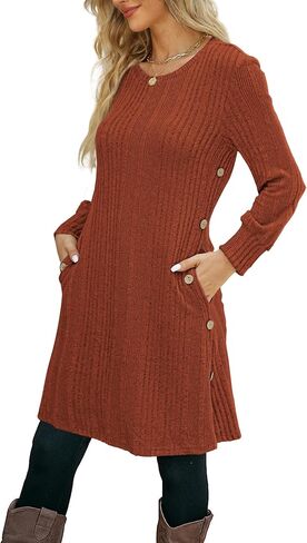 Long Sleeve Tunic Dress for Women Crew Neck Casual Dresses with Pockets Button Side Fall Winter Outfits S-2XL in Kuwait