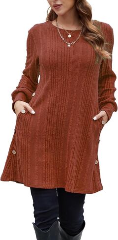 Long Sleeve Tunic Dress for Women Crew Neck Casual Dresses with Pockets Button Side Fall Winter Outfits S-2XL in Kuwait