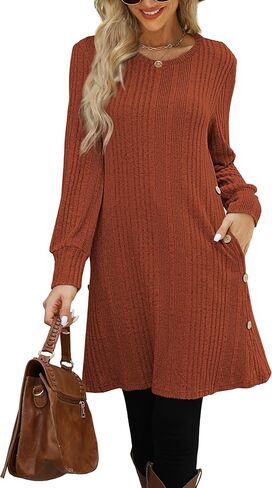 Long Sleeve Tunic Dress for Women Crew Neck Casual Dresses with Pockets Button Side Fall Winter Outfits S-2XL in Kuwait