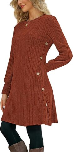 Long Sleeve Tunic Dress for Women Crew Neck Casual Dresses with Pockets Button Side Fall Winter Outfits S-2XL in Kuwait