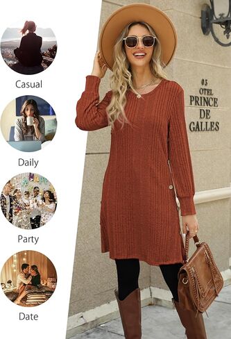 Long Sleeve Tunic Dress for Women Crew Neck Casual Dresses with Pockets Button Side Fall Winter Outfits S-2XL in Kuwait